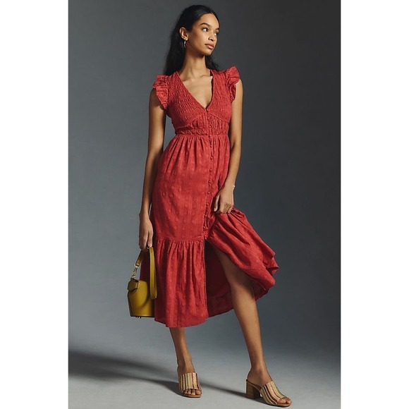 Anthropologie Dresses & Skirts - Anthropologie Smocked Ruffle Sleeve Dobby Maxi Dress Red 1X Plus NWT